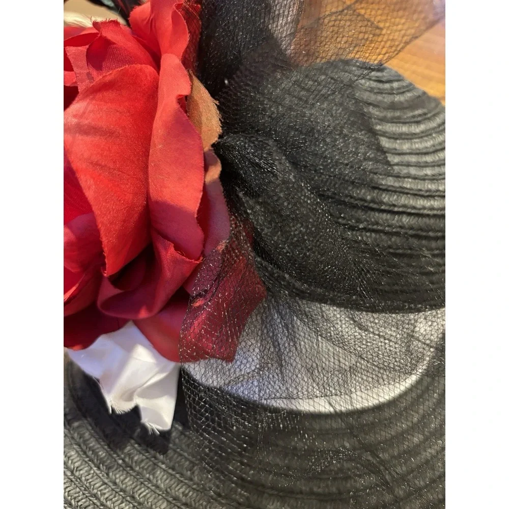 Ralph Lauren Black straw hat with feathers and Red flowers English Wedding